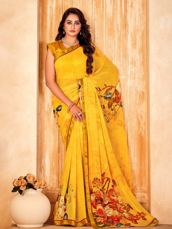 Yellow Bamberg Silk Digital Print Saree